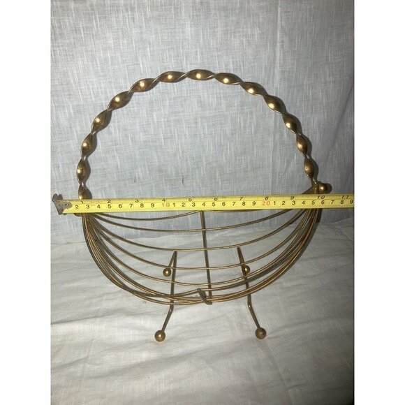 Vintage Mid Century Modern Brass Decorative Basket Braided Handle Ball Feet - Picture 3 of 4